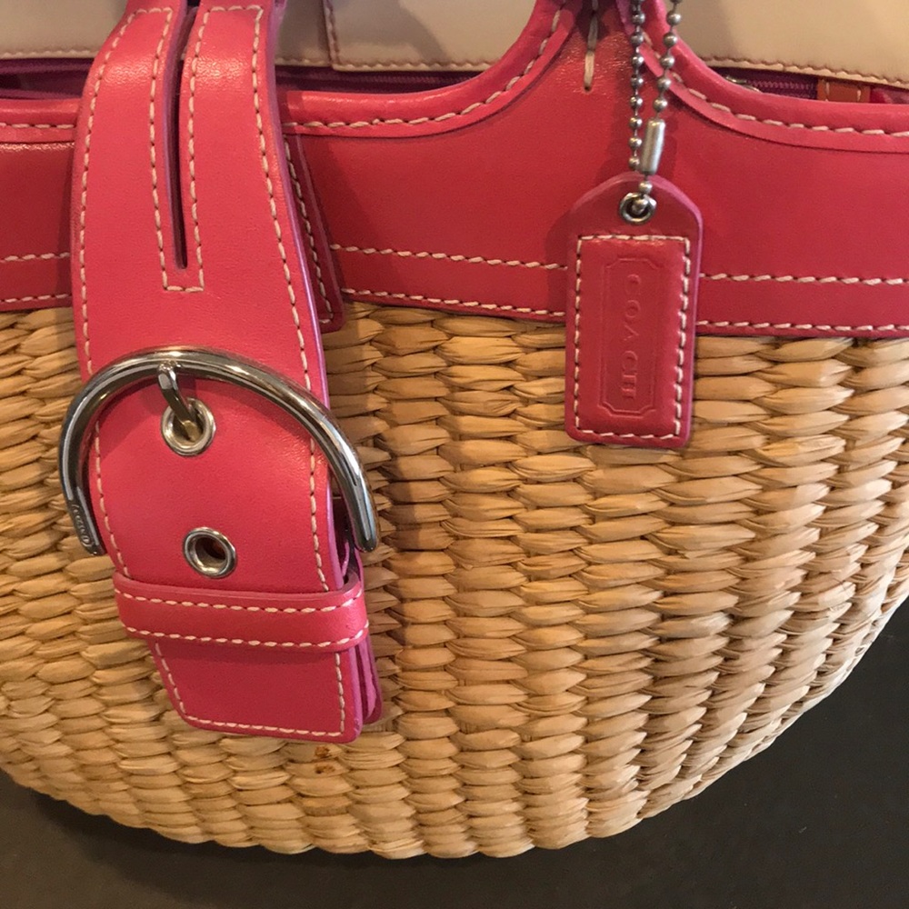 Authentic Coach leather trim raffia carry tote